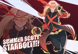 alternate_costume black_jacket black_pants blonde_hair cyclops_(x-men) genderswap genderswap_(mtf) gloves gold_belt highres jacket magic marvel marvel_rivals mfzero pants red_undershirt red_visor superhero_costume x-men yellow_lips