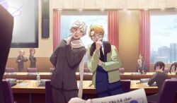 6+boys ahoge america_(hetalia) arm_behind_back axis_powers_hetalia black-framed_eyewear black_hair black_jacket black_necktie black_pants blonde_hair blue_eyes blue_jacket blue_pants blush bottle brown_hair building chair china_(hetalia) city clipboard collared_shirt commentary_request cowboy_shot curtains day fingernails formal_clothes fur-trimmed_jacket fur_trim germany_(hetalia) glasses green_jacket grey_jacket grey_pants hand_on_own_face hand_up holding holding_clipboard indoors jacket japan_(hetalia) lapels lithuania_(hetalia) long_sleeves looking_at_another male_focus multiple_boys necktie nervous no_eyes northern_italy_(hetalia) on_chair open_clothes open_jacket open_mouth pants paper pcpc_onaka poland_(hetalia) puffy_long_sleeves puffy_sleeves purple_eyes russia_(hetalia) scarf semi-rimless_eyewear shirt short_hair sidelocks sitting sky skyscraper smile standing suit suit_jacket sweatdrop table teeth television water_bottle white_hair white_scarf white_shirt white_sky window