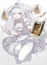 1girl absurdres alcohol antenna_hair beer beer_mug blush_stickers breasts cleavage corset cup detached_sleeves dress eyelashes fate/grand_order fate_(series) grey_hair highres holding holding_cup lady_avalon_(event_portrait)_(fate) lady_avalon_(fate) large_breasts maid_headdress merlin_(fate/prototype) mug one_eye_closed open_mouth pink_eyes puffy_detached_sleeves puffy_sleeves ribbon solo thighhighs tokoni_fusu white_background white_dress white_ribbon white_thighhighs wrist_cuffs