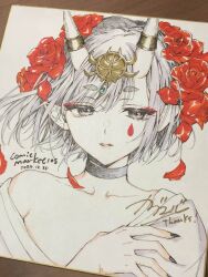 1girl choker collarbone comiket_105 commentary_request fate/grand_order fate_(series) fingernails flower hair_flower hair_ornament headpiece horn_ornament horn_ring horns japanese_clothes kaguyuzu kimono long_fingernails oni parted_lips petals photo_(medium) red_flower rose shikishi short_hair shuten_douji_(fate) single_bare_shoulder skin-covered_horns solo teardrop_facial_mark traditional_media upper_body