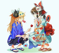 2girls absurdres alternate_costume bag bagged_fish black_pants blonde_hair blue_kimono blue_sash bow braid brown_sandals candy_apple cat_mask commentary fish floral_print floral_print_kimono food food_in_mouth fox_mask frilled_bow frilled_hair_tubes frills full_body hair_bow hair_tubes hakurei_reimu hand_fan highres holding holding_candy_apple holding_food ikayaki japanese_clothes kimono kirisame_marisa long_hair long_sleeves maka_(maka04021) mask mask_on_head multiple_girls obi pants print_kimono red_bow red_eyes sandals sash shirt side_braid simple_background single_braid squatting takoyaki touhou white_background white_bow white_kimono white_shirt yellow_eyes yin_yang yin_yang_print yukata