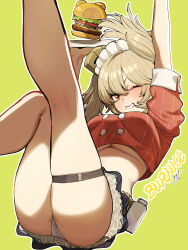 1girl absurdres arm_up artist_name ass blonde_hair blush breasts burger burnice_white burnice_white_(operation_yum_2025) character_name chroong commentary food grin highres holding holding_plate kneepits korean_commentary large_breasts legs looking_at_viewer maid_headdress midriff one_eye_closed orange_eyes outline panties pantyshot plate short_twintails signature simple_background smile solo thigh_strap thighs twintails underboob underwear white_outline white_panties yellow_background zenless_zone_zero