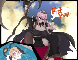 Rule 34 | 1girl, :3, absurdres, ahoge, bike shorts, black shorts, black tiara, breasts, brown hair, censored, censored text, clenched teeth, commentary, doro (nikke), english commentary, english text, gigi murin, highres, holding, holding scythe, holding weapon, hololive, hololive english, huge ahoge, large breasts, long hair, looking at another, looking at viewer, mori calliope, mori calliope (1st costume), pink eyes, pink hair, pointing, pointing at viewer, pool, profanity, scythe, shorts, shoulder spikes, speech bubble, spiked cape, spikes, squatting, teeth, themastersos, thighs, tiara, v-shaped eyebrows, virtual youtuber, water, weapon