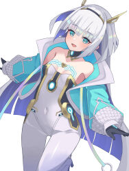 1girl black_gloves blue_jacket blunt_ends bodysuit breasts covered_navel eudie_(shadowverse) gloves highres isei_sei jacket long_hair long_sleeves looking_at_viewer open_clothes open_jacket shadowverse:_worlds_beyond simple_background small_breasts solo very_long_hair white_background white_bodysuit white_hair