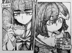 2girls absurdres black_hair chronozbergh commentary cup english_commentary fingerless_gloves food fruit gloves greyscale hatching_(texture) highres junketsu kill_la_kill kiryuuin_satsuki lemon long_hair matoi_ryuuko monochrome multiple_girls senketsu siblings sisters teacup thick_eyebrows traditional_media
