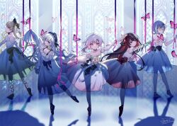 5girls arm_up ballet_slippers bare_shoulders black_hair blue_ribbon bonnet braid braided_hair_rings bug butterfly closed_mouth dress eye_mask flower full_body gradient_clothes gradient_dress green_dress green_ribbon hair_flower hair_ornament hair_rings hairband highres indoors insect kitton_(hekiku13) lolita_hairband long_hair looking_at_viewer mahou_shoujo_no_majo_saiban multiple_girls natsume_anan nikaidou_hiro pink_hair pink_ribbon profile puppet puppet_strings red_eyes red_flower ribbon sakuraba_ema see-through_clothes see-through_dress shadow shoes short_hair sleeves_past_fingers sleeves_past_wrists smile standing standing_on_one_leg tachibana_sherry tied_sleeves toono_hanna twintails very_long_hair white_dress white_hair x_hair_ornament