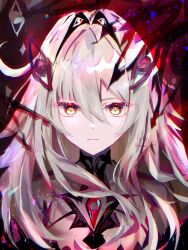 Rule 34 | 1girl, ahoge, artist name, bodystocking, breasts, closed mouth, cowlick, expressionless, extra eyes, eye hair ornament, eye symbol, genshin impact, hair between eyes, hair intakes, hair ornament, highres, long hair, looking at viewer, luta (luta 1013), revision, ronova (genshin impact), side ahoge, solo, symbol-shaped pupils, upper body, white hair, yellow eyes