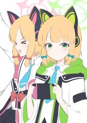 &gt;_&lt; 2girls :d absurdres animal_ear_headphones animal_ears aqua_necktie arm_up black_jacket blonde_hair blue_archive blunt_bangs blush bow cat_ear_headphones cat_ears closed_mouth collared_shirt commentary dot_mouth dot_nose fake_animal_ears flat_color green_bow green_eyes green_halo green_jacket hair_bow halo handheld_game_console headphones highres holding holding_handheld_game_console hood hood_down hooded_jacket jacket long_sleeves looking_at_viewer low-tied_sidelocks medium_hair midori_(blue_archive) momoi_(blue_archive) multicolored_jacket multiple_girls necktie nintendo_switch open_clothes open_jacket open_mouth outstretched_arm parted_bangs pink_halo pink_jacket profile red_bow school_uniform shirt siblings sidelocks simple_background sisters smile suspenders teeth twins two-sided_fabric two-sided_jacket untucked_shirt upper_teeth_only white_background white_jacket white_shirt wide_sleeves xd zener_zapping