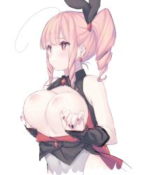 Rule 34 | 1girl, ahoge, black nails, blush, breasts, breasts out, copyright request, covered navel, cross, cross earrings, cross hair ornament, cross necktie, drill hair, earrings, female focus, fingernails, hair ornament, highres, jewelry, large breasts, long hair, n (m ohkamotoh), nail polish, nipples, parted lips, pink hair, red eyes, red nails, simple background, single earring, sketch, solo, white background