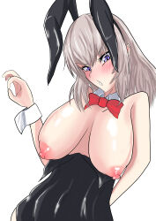 1girl alfortalford blue_eyes blush breasts fellatio_gesture girls_und_panzer grey_hair itsumi_erika large_breasts leotard leotard_pull looking_at_viewer navel nipples open_mouth plaid_clothes plaid_skirt rabbit_ears skirt solo