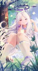1girl absurdres ahoge alternate_costume blue_archive blush closed_mouth demon_girl demon_horns double-parted_bangs from_below hand_on_own_cheek hand_on_own_face highres hina_(blue_archive) horns long_hair looking_at_viewer neckerchief o7fian on_swing purple_eyes purple_sailor_collar purple_shoes red_neckerchief sailor_collar shirt shoes short_sleeves sidelocks sitting skirt smile socks solo swing white_hair white_shirt white_skirt white_socks
