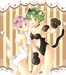 2girls :o alternate_hair_color animal_ears aya_kobayashi black_leotard blue_choker breasts brown_background cat_ears cat_girl cat_tail choker clothing_cutout eri. green_eyes green_hair hand_up heart height_difference kemonomimi_mode leotard light_blush looking_at_viewer mai_kobayashi multiple_girls navel_cutout orange_choker parted_lips paw_pose pink_hair purple_eyes small_breasts straight_hair strapless strapless_leotard striped_background super_robot_wars tail tail_raised white_leotard