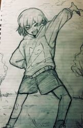 &gt;_&lt; 1boy :d aged_down arm_up blush closed_eyes greyscale highres hood hood_down hoodie kel_(faraway)_(omori) kel_(omori) long_sleeves male_focus monochrome omori open_mouth pasuta928008 shoes short_hair shorts smile sneakers socks solo teeth traditional_media upper_teeth_only xd