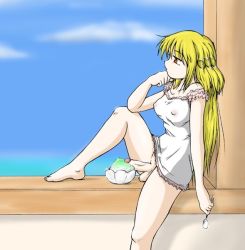 1futa agent_orange blonde_hair food futanari ice_cream long_hair penis solo spoon third-party_edit uncensored window yellow_eyes