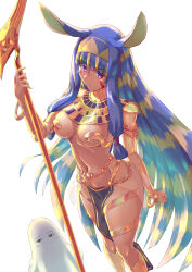 1girl absurdres ancient_egyptian_clothes animal_ears blonde_hair bracelet breasts commentary_request dark-skinned_female dark_skin facial_mark fate/grand_order fate_(series) feet_out_of_frame hairband highres holding holding_scepter jackal_ears jewelry kz_nezu3 long_hair looking_at_viewer medjed_(fate) multicolored_hair navel nitocris_(fate) pelvic_curtain purple_eyes purple_hair scepter simple_background two-tone_hair usekh_collar very_long_hair white_background