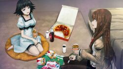 2girls aqua_eyes arm_belt bed bedroom bedside belt black_bow black_hair black_pantyhose black_sash black_shorts black_trim blue_dress blue_eyes bow breasts brown_hair brown_jacket carpet chest_bow chicken_(food) chips_(food) collar collarbone collared_shirt constricted_pupils cup cup_ramen disposable_cup dr_pepper dress eating eyelashes food fork fried_chicken frilled_collar frills game_cg hair_between_eyes hair_over_shoulder highres holding holding_cup holding_fork huke indoors instant_ramen jacket jacket_partially_removed kneeling leather_belt looking_at_another makise_kurisu medium_hair multiple_girls narrowed_eyes necktie non-web_source noodles official_art on_pillow open_mouth pantyhose pepperoni pepperoni_pizza pink_frills pizza pizza_box puffy_short_sleeves puffy_sleeves purple_eyes ramen red_necktie ringed_eyes sash shiina_mayuri shiny_lips shirt short_sleeves shorts shorts_under_dress shorts_under_skirt sitting small_breasts smile smirk smug soda square_pupils steins;gate steins;gate:_linear_bounded_phenogram surprised tareme teasing thick_thighs thighs tongue waist_sash wariza white_belt white_shirt