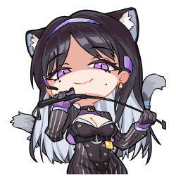 Rule 34 | 1girl, animal ears, artist request, black gloves, black hair, cat ears, cat girl, cat tail, chibi, chibi only, chinese commentary, dress, fang, girls&#039; frontline, girls&#039; frontline neural cloud, gloves, hair intakes, headset, inola (neural cloud), mole, mole under eye, official art, partially shaded face, pinstripe dress, pinstripe pattern, purple bodystocking, purple eyes, riding crop, second-party source, skin fang, smile, solo, tail, tongue, tongue out