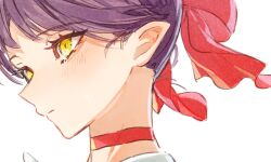 1girl choker gegege_no_kitarou hair_ribbon highres looking_to_the_side mihiro_00122 nekomusume nekomusume_(gegege_no_kitarou_6) pointy_ears purple_hair red_choker red_ribbon ribbon simple_background solo white_background yellow_eyes