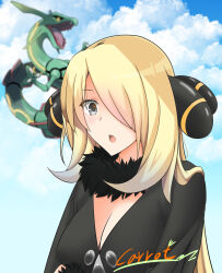 1girl :o blonde_hair blue_sky breasts cleavage cloud cloudy_sky cynthia_(pokemon) day fur_collar gen_3_pokemon grey_eyes hair_ornament hair_over_one_eye highres large_breasts legendary_pokemon nintendo open_mouth pokemon pokemon_(creature) pokemon_dppt rayquaza signature sky slope_(check238) upper_body