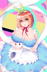 1girl :o absurdres alternate_costume apron blue_dress blue_eyes breasts chinese_commentary cleavage collarbone commentary_request dated dress frilled_apron frills go-toubun_no_hanayome green_ribbon hair_ribbon highres holding holding_stuffed_toy large_breasts maid_apron nakano_yotsuba neck_ribbon off-shoulder_dress off_shoulder orange_hair red_ribbon ribbon signature solo stuffed_animal stuffed_rabbit stuffed_toy white_apron xianyue_liuyu