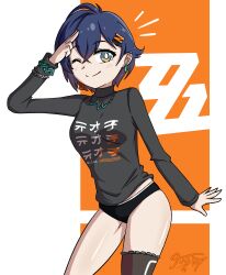 1girl aged_down arm_up belle_(zenless_zone_zero) black_panties black_thighhighs blue_eyes blue_hair blush closed_mouth female_focus jua legs multicolored_eyes one_eye_closed panties shirt short_hair smirk standing t-shirt thighhighs underwear white_background yellow_eyes zenless_zone_zero