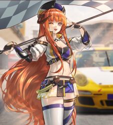 1girl ;d absurdres arknights bagpipe_(arknights) bagpipe_(queen_no._1)_(arknights) bare_shoulders blurry blurry_background breasts car cleavage commentary cowboy_shot crop_top hat highres horns long_hair looking_at_viewer midriff miniskirt motor_vehicle navel one_eye_closed open_mouth orange_hair porsche porsche_911 porsche_997 pouch purple_eyes shale skirt small_breasts smile solo standing stomach thigh_strap thighs very_long_hair
