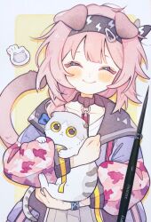 Rule 34 | 1girl, animal, animal ears, arknights, art tools in frame, black hairband, braid, cat, cat ears, cat girl, cat tail, closed eyes, goldenglow (arknights), hairband, highres, holding, holding animal, jacket, lightning bolt print, nasuke, pink hair, smile, tail, traditional media