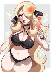 1girl alternate_breast_size bikini black_bikini black_choker blonde_hair blue_eyes bracelet breasts choker cleavage closed_mouth criss-cross_halter cup cynthia_(pokemon) flower glass hair_flower hair_ornament hair_over_one_eye halterneck highres holding holding_cup jewelry large_breasts lipstick long_hair looking_at_viewer makeup navel nintendo open_mouth pokemon pokemon_dppt red_lips simple_background solo stomach swimsuit touyarokii very_long_hair