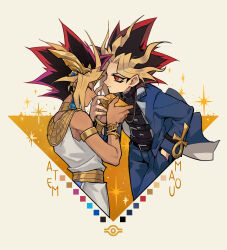 Rule 34 | 2boys, absurdres, ancient egyptian clothes, ankh, atem, belt, belt buckle, black belt, black jacket, black shirt, blonde hair, blue pants, bracelet, buckle, chinese commentary, closed mouth, commentary request, cropped legs, dark-skinned male, dark skin, dual persona, grey background, highres, holding, jacket, jewelry, looking at another, male focus, millennium puzzle, multicolored hair, multiple belts, multiple boys, open clothes, open jacket, pants, red eyes, red hair, robe, saka nagiya, shirt, smile, sparkle, spiked hair, white robe, yami yugi, yu-gi-oh!, yu-gi-oh! duel monsters