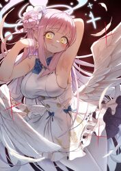 Rule 34 | 1girl, absurdres, angel wings, arm behind head, armpits, black background, blue archive, blue bow, blue flower, blue ribbon, blush, bow, breasts, collarbone, crazy, dilated pupils, dress, feathered wings, flower, frilled dress, frilled ribbon, frills, hair bun, hair flower, hair flowing over, hair ornament, hair ribbon, halo, highres, keureu (tiqkdtiqkd10), large breasts, long hair, low wings, mika (blue archive), pantyhose, pink hair, ribbon, sideboob, single side bun, sleeveless, sleeveless dress, smile, solo, underbust, very long hair, white dress, white pantyhose, white ribbon, white wings, wing ornament, wings, yellow eyes