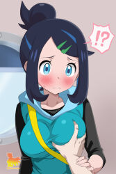 !? 1girl blue_eyes blue_hair blue_hoodie blush breasts grabbing_another&#039;s_breast groping hair_bun hair_ornament hairclip highres hood hoodie liko_(pokemon) medium_breasts metaminegl nintendo pokemon pokemon_(anime) pokemon_horizons pov pov_hands single_hair_bun spoken_interrobang upper_body
