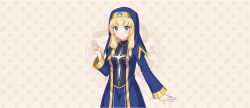 Rule 34 | 1girl, blonde hair, blue dress, blue eyes, blue veil, blunt bangs, breasts, cecily (konosuba), closed mouth, cowboy shot, dress, game cg, gold trim, hair tie, hand up, highres, kono subarashii sekai ni shukufuku wo!, konosuba! fantastic days, light blush, long dress, long hair, looking at viewer, low-tied sidelocks, medium breasts, official art, patterned background, priestess, sidelocks, smile, solo, standing, tachi-e, veil