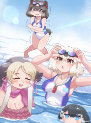 4girls animal_ears armpits arms_up barefoot bear_ears bear_girl bear_tail bikini black_hair blowhole blue_eyes breasts brown_bear_(kemono_friends) brown_eyes brown_hair cleavage closed_eyes cold competition_swimsuit day extra_ears fins frilled_bikini frills goggles goggles_on_head grey_hair hair_between_eyes hair_ribbon hands_on_eyewear head_fins highres ice kemono_friends kemono_friends_3 knees_together_feet_apart leaning_forward long_hair medium_hair metamimi mouth_submerged mouth_under_water multicolored_hair multiple_girls narwhal_(kemono_friends) official_alternate_costume one-piece_swimsuit open_mouth outdoors partially_shaded_face partially_submerged polar_bear_(kemono_friends) ribbon scarf smile standing swim_goggles swimsuit tail trembling two-tone_hair v-shaped_eyebrows walrus_(kemono_friends) water wet wet_face wet_hair white_hair