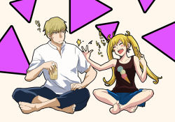 Rule 34 | 10s, 1boy, 1girl, 71 (nanaichi drafting), amaama to inazuma, beer can, blonde hair, can, closed eyes, drink can, eating, fang, food, holding, holding can, holding food, indian style, kojika shinobu, sanpaku, shirt, shorts, sitting, slapping, sweatdrop, t-shirt, tank top, translated, tsurime, twintails, yagi yuusuke