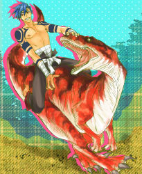 00s 1boy bandages blue_hair claws dinosaur riding_dinosaur epic grin kamina_(ttgl) male_focus manly red_eyes riding sarashi smile solo tattoo teeth tengen_toppa_gurren_lagann topless_male