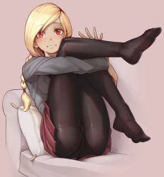 1girl blonde_hair blush braid braided_ponytail breasts brown_background commentary couch dark-skinned_female dark_skin english_commentary feet female_focus full_body gravity_daze grey_shirt highres hugging_own_legs kitten_(gravity_daze) knees_to_chest knees_together_feet_apart knees_up legs legs_together legs_up long_hair long_sleeves looking_at_viewer medium_breasts nickleflick no_shoes pantyhose pillow pleated_skirt red_eyes red_skirt revision school_uniform shirt simple_background sitting skirt solo