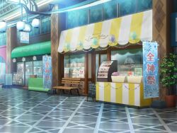 artist_request bakery balloon basket bench bread day display_case donut food game_cg indoors lantern light_rays magazine_(object) magazine_rack magia_record:_mahou_shoujo_madoka_magica_gaiden mahou_shoujo_madoka_magica mall menu_board official_art paper_lantern plant poster_(object) potted_plant scenery shop streamers sunlight tile_floor tiles