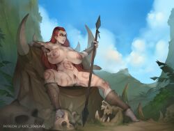 absurdres amazon barbarian breasts cleft_of_venus highres huge_breasts nipples nude polearm pussy skull spear tattoo tribal warrior weapon wide_hips