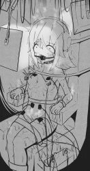1girl animeretrograde bdsm bondage bound chair electricity greyscale monochrome
