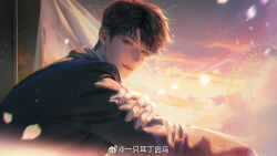 1boy black_jacket brown_hair caleb_(love_and_deepspace) chinese_commentary closed_mouth highres jacket jewelry light_smile lips looking_at_viewer love_and_deepspace male_focus nose parted_bangs purple_eyes ring short_hair solo suit_jacket watermark weibo_username weibo_watermark yi_zhi_er_ding_xin_wu