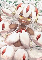 Rule 34 | 1girl, dark-skinned female, dark skin, extra arms, faputa, fewer digits, flower, highres, looking at viewer, made in abyss, navel, open mouth, ru-san 0617, solo, teeth, white flower, white fur, white hair, yellow eyes