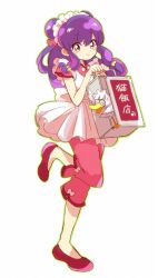 1girl absurdres apron bell bowl breasts chinese_clothes double_bun dress food hair_bell hair_bun hair_ornament highres long_hair looking_at_viewer noodles purple_hair ramen ranma_1/2 red_dress red_eyes red_shoes shampoo_(cat) shampoo_(ranma_1/2) shoes sidelocks solo