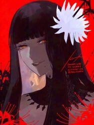 1girl black_collar black_hair blunt_bangs collar commentary final_fantasy final_fantasy_xiv flower green_eyes hair_flower hair_ornament hair_stick highres hyur lace_collar long_hair looking_at_viewer mole mole_under_mouth parted_lips portrait red_background red_flower senoura_korafu signature smile solo spider_lily straight_hair white_flower yotsuyu_goe_brutus