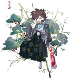 1boy antenna_hair bamboo black_hakama blue_eyes blue_kimono bonsai bright_pupils brown_hair brown_sandals commentary floral_print full_body glasses gohei grey_jacket hakama hakama_skirt haori highres holding holding_gohei jacket japanese_clothes kimono long_sleeves looking_at_viewer male_focus messy_hair mxx33 object_request original rose_print round_eyewear sandals short_hair short_kimono simple_background sitting skirt socks solo tabi tanzaku watermark white_background white_pupils white_socks wide_sleeves yellow-framed_eyewear zouri