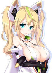 1girl aqua_eyes aqua_hair bare_shoulders blonde_hair blush bow breasts cleavage colored_eyelashes detached_sleeves elbow_gloves fang female_focus from_side gene_(pso2) gloves hair_between_eyes hair_bow hair_ribbon highres large_breasts long_hair looking_at_viewer minato_yoshihiro multicolored_hair open_mouth phantasy_star phantasy_star_online_2 ribbon sideboob solo streaked_hair twintails upper_body