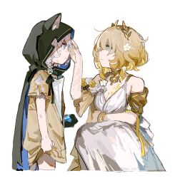 2girls aged_down aglaea_(honkai:_star_rail) animal_hood black_cloak black_hood blonde_hair blue_eyes cat_girl cat_hood child cipher_(honkai:_star_rail) cloak highres honkai:_star_rail honkai_(series) hood multiple_girls shima_(vivi_do) simple_background smile white_background