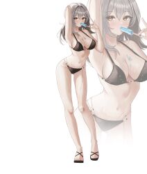 1girl absurdres bikini black_bikini breasts food food_in_mouth full_body grey_hair hashtag-only_commentary highres holding holding_food holding_popsicle honkai:_star_rail honkai_(series) large_breasts le_b2772 medium_hair navel popsicle popsicle_in_mouth sandals simple_background solo stelle_(honkai:_star_rail) stomach swimsuit toes trailblazer_(honkai:_star_rail) white_background yellow_eyes zoom_layer