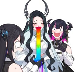 Rule 34 | 3girls, aradia ravencroft, bare shoulders, black hair, breasts, colored inner hair, commentary, dasdokter, demon horns, english commentary, fangs, hololive, hololive english, horns, long hair, malpha ravencroft, mole, multicolored hair, multiple girls, nerissa ravencroft, nerissa ravencroft (1st costume), open mouth, siblings, sisters, very long hair, virtual youtuber, vomit, vomiting, vomiting rainbows