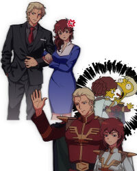 Rule 34 | 1boy, 1girl, amuro ray, anger vein, arm hug, black cape, black jacket, black pants, black shirt, black vest, blonde hair, blue dress, blue eyes, braid, braided bun, brown hair, cape, char&#039;s counterattack, char aznable, closed mouth, collared dress, collared shirt, colored skin, commentary request, couple, cropped legs, dress, formal clothes, genderswap, genderswap (mtf), gundam, hair bun, hair over shoulder, hair up, hand up, hetero, highres, jacket, long hair, long sleeves, matt groening (style), military uniform, multiple views, necktie, neo zeon, pants, parted lips, red necktie, shirt, short hair, simple background, strangling, suit, suit jacket, the simpsons, tongue, tongue out, two-tone dress, upper body, vest, white background, yellow skin, yy0880yy