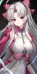 1girl absurdres bow breasts carlotta_(wuthering_waves) closed_mouth commentary dress earrings grey_eyes hair_bow highres jacket jewelry kanan_ria looking_at_viewer medium_breasts parted_bangs pink_bow pink_jacket smile solo striped_bow upper_body white_dress white_hair wuthering_waves